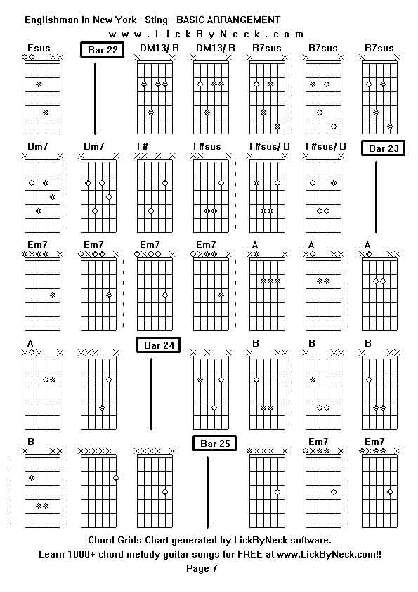 Chord Grids Chart of chord melody fingerstyle guitar song-Englishman In New York - Sting - BASIC ARRANGEMENT,generated by LickByNeck software.